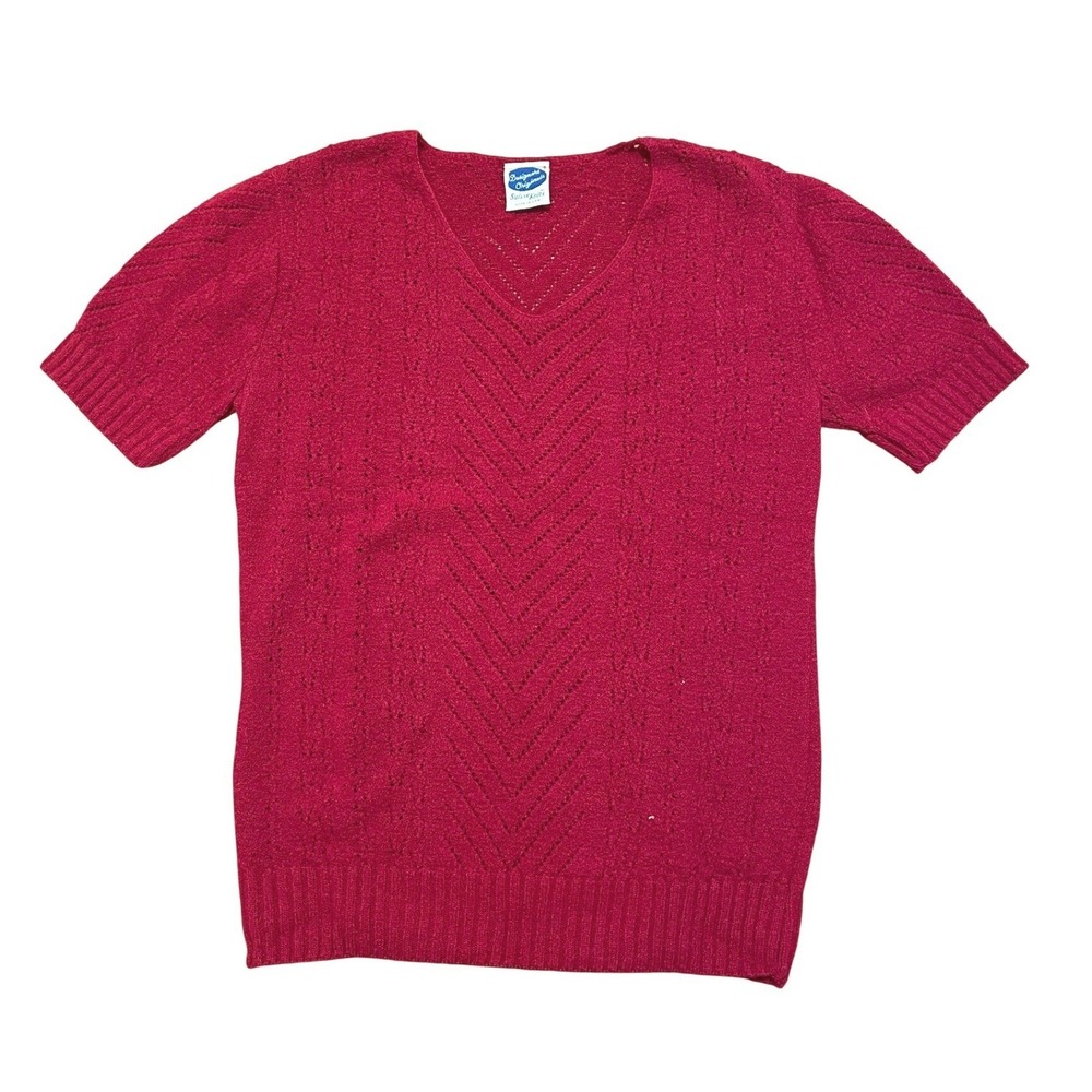 Vintage 1970s Short Sleeve Sweater Rose Red Pointelle Chevron Knit Made in USA